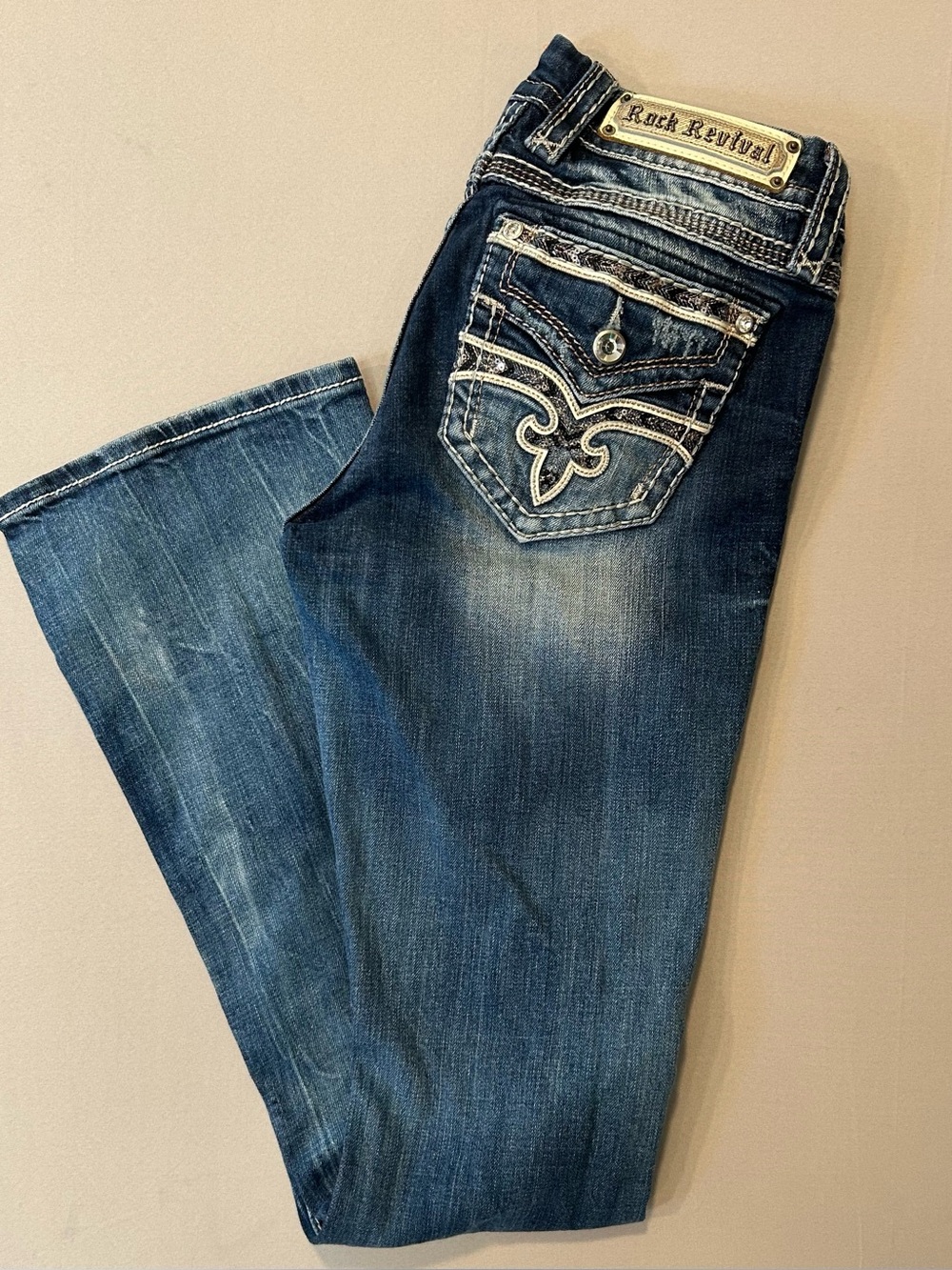 Rock Revival Shaina Bootcut Jean Embellished Flap Pocket Y2K Festival Cowgirl 28 - Picture 9 of 10